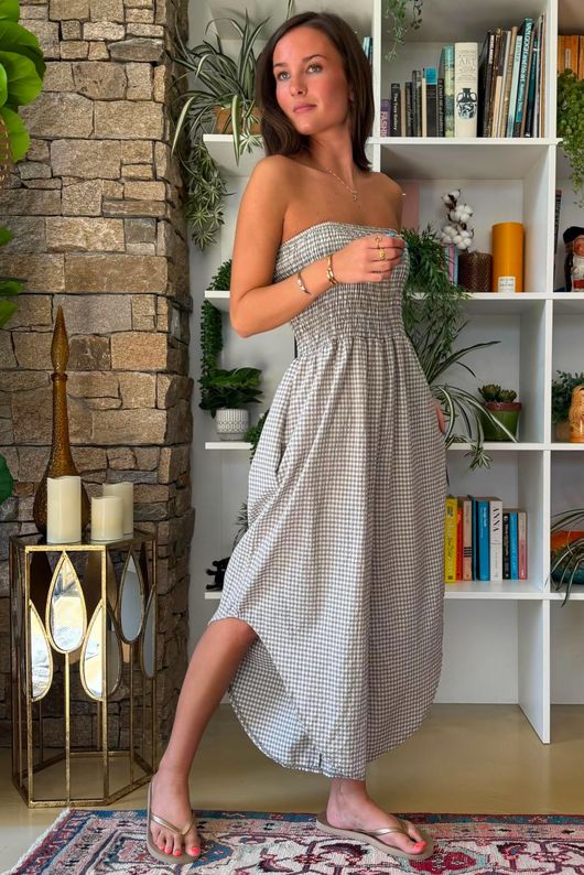 Arbi Gingham Shirring Bandeau Jumpsuit Mocha